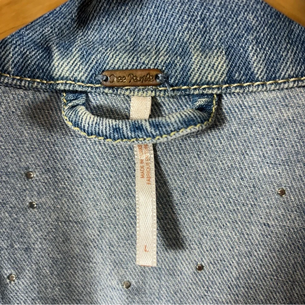 Free People Light Blue Pearl-Embellished Distressed Denim Jacket - Picture 5 of 8